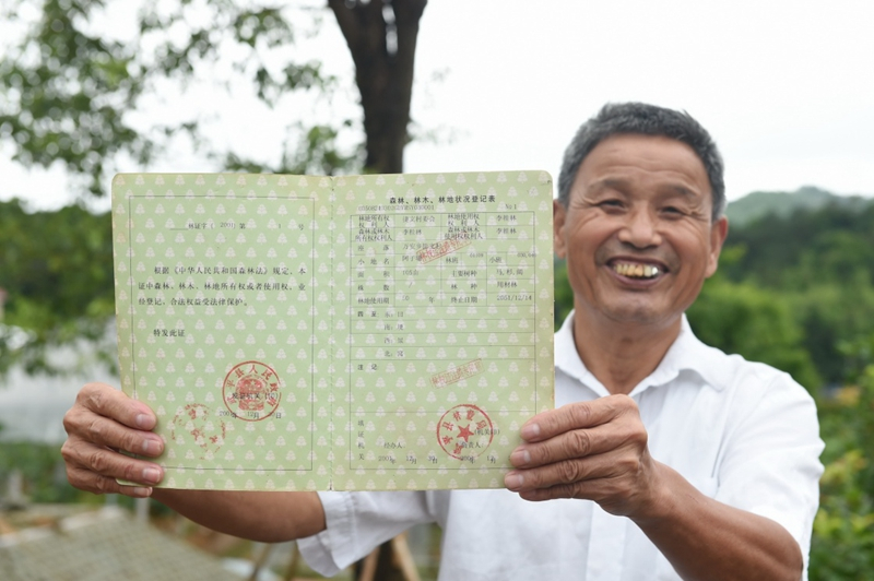 2017年6月13日，福建武平縣萬安鎮(zhèn)捷文村村民李桂林展示林權(quán)改革后領(lǐng)到的全國第一本新式林權(quán)證。