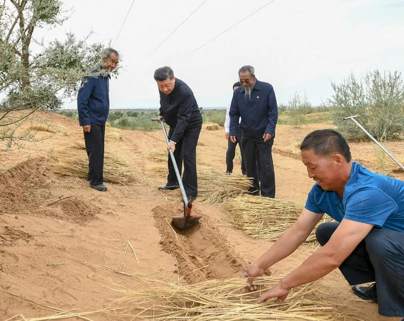 2019年8月21日，習(xí)近平來(lái)到甘肅省武威市古浪縣八步沙林場(chǎng)，實(shí)地察看當(dāng)?shù)刂紊吃炝?、生態(tài)保護(hù)等情況。新華社記者 謝環(huán)馳 攝
