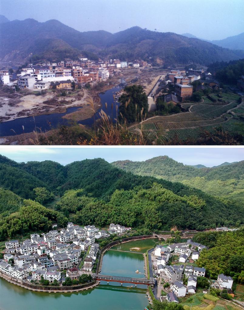 圖為浙江省杭州市淳安縣楓樹嶺鎮(zhèn)下姜村拼版圖，其中上圖為資料照片、下圖由新華社記者張鋮攝。